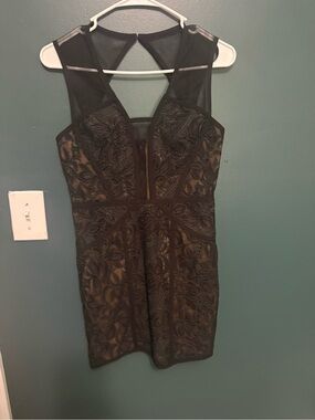 Sleeveless Black Lace Overlay Bodycon Dress BCBG Deep V sheer